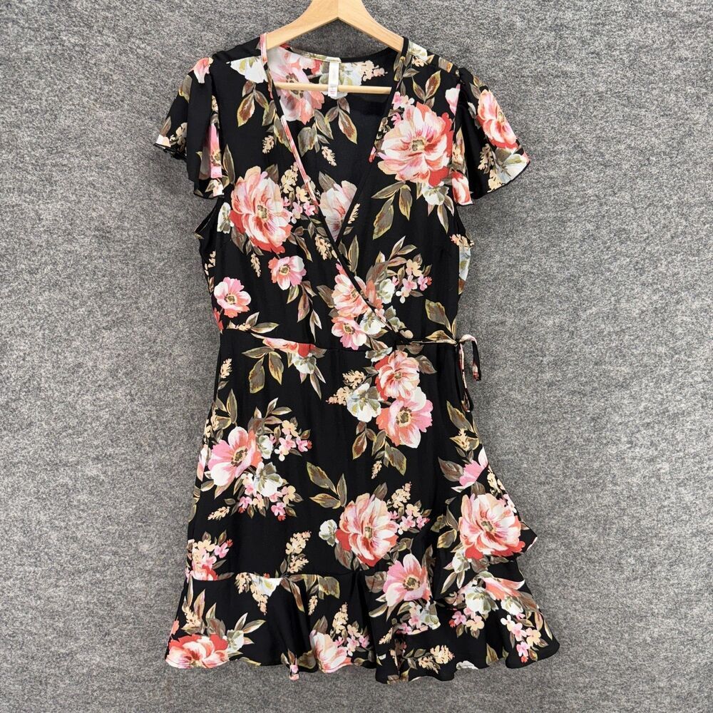 Xhilaration Wrap Dress Women L Large Black Floral Short Tasseled Tie Up Belted